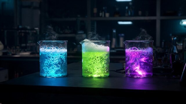 Glowing laboratory beakers engaging in chemical reactions