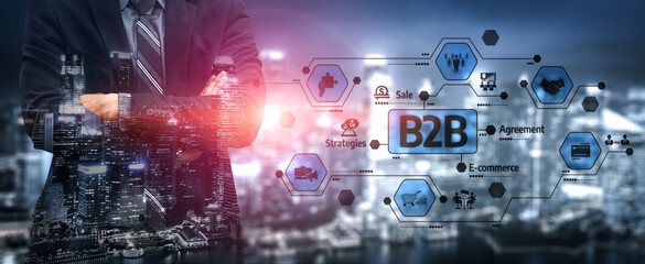 A businessman stands confidently before a panoramic city view, with vibrant B2B icons and graphics depicting essential elements of modern commerce and business strategies. Tessel © InfiniteFlow