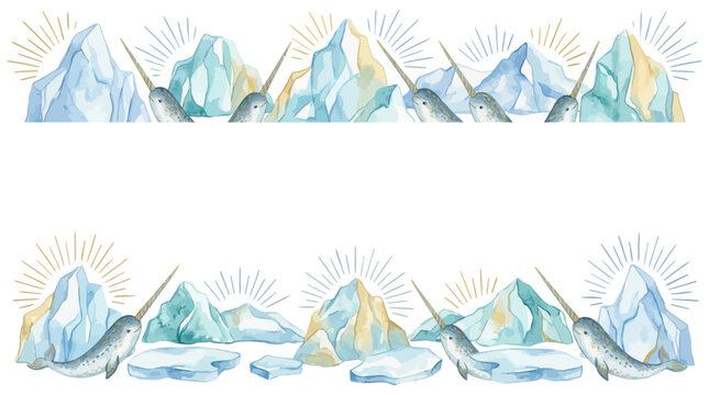 Arctic Narwhals and Icebergs Watercolor Border Design