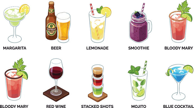Set of various classic cocktails, alcoholic drinks, and refreshing beverages for bar menu design and culinary vector illustrations.