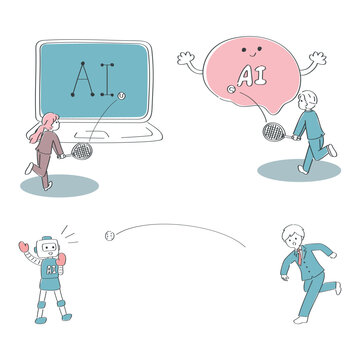 人々とAIのやり取りのイメージイラストセット｜手描きの可愛いイラスト