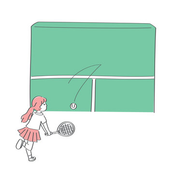 テニスの壁打ちをする女の子のかわいい手書きイラスト