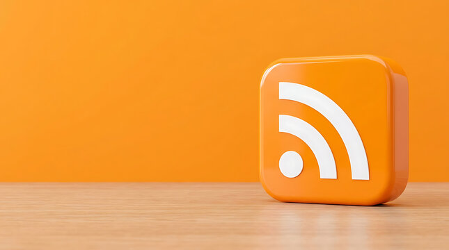 The RSS icon sits on a wooden table against an orange wall backdrop