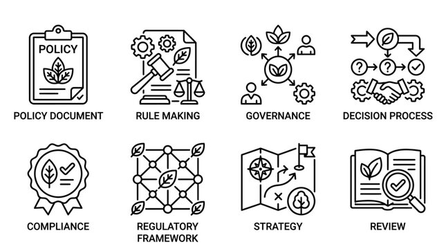 Business Policy and Strategy Icons: Governance, Compliance, Decision Making, Strategy, Review