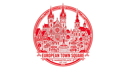 European Town Square Marketplace Illustration - Red Line Art © heru