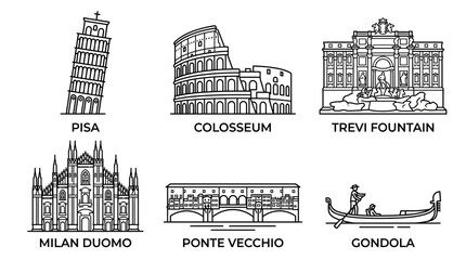 Famous Italian Landmarks Icons: Pisa, Colosseum, Trevi Fountain, Milan Duomo, Ponte Vecchio, Gondola © heru