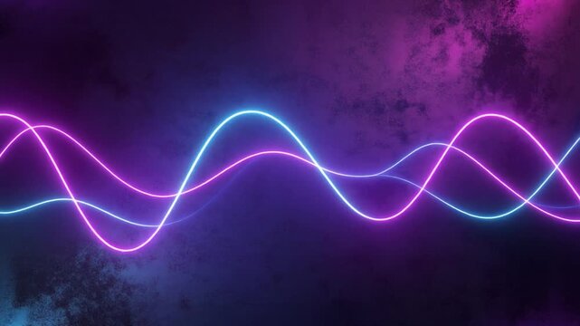 Abstract neon energy waves in pink and cyan blue flowing across a dark metallic textured background, featuring glowing sine waves and futuristic digital light lines.
