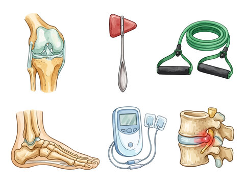 Medical anatomy icons showing human knee joint foot bones reflex hammer resistance band stimulator and painful lumbar spine disc herniation