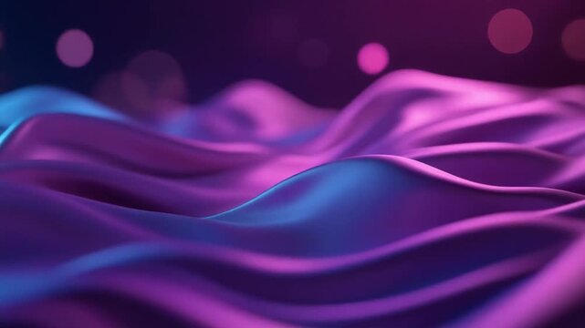 Abstract 3D rendering of rippling silk fabric texture featuring iridescent blue, purple, and magenta gradients with soft circular bokeh lighting effects and shallow depth of field.