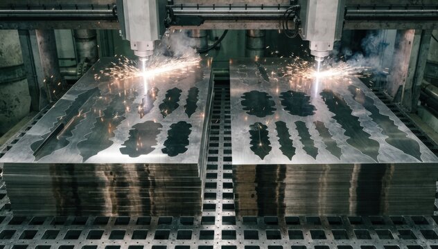 Medium shot of nested knife blank layouts on metal sheets being cut by laser showing intricate design patterns and clean edges in a factory setting.