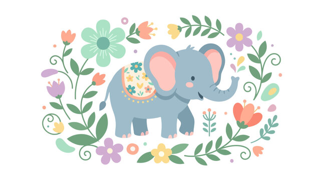 Cute blue cartoon elephant vector illustration with floral saddle pattern surrounded by a circular frame of pastel spring flowers and green leaves on a white background.
