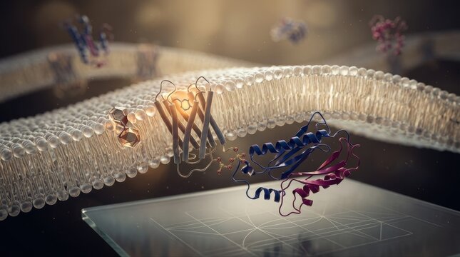 A 3D biomedical render shows beta-arrestin proteins binding to a membrane receptor beside a small-molecule inhibitor, with phospholipid bilayer, glowing ligand pocket.