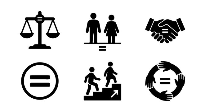 Equality Icons Set: Justice, Gender, Partnership, Inclusion, Progress, Diversity