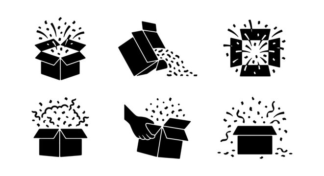 Exploding Gift Box Icons, Surprise Package Graphics, Celebration Opening Vector Set