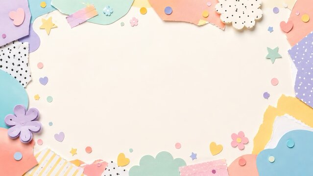 Colorful confetti frame with pastel paper cutouts creating whimsical background and decorative copy space. concept of celebrations, invitations, creative scrapbooking.