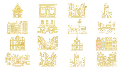 Golden European Cityscape Line Art Collection: Buildings, Streets, and Landmarks © heru