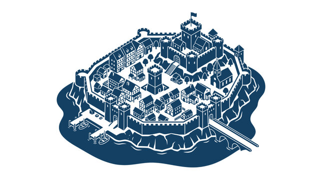 Medieval Island Fortress Town Illustration