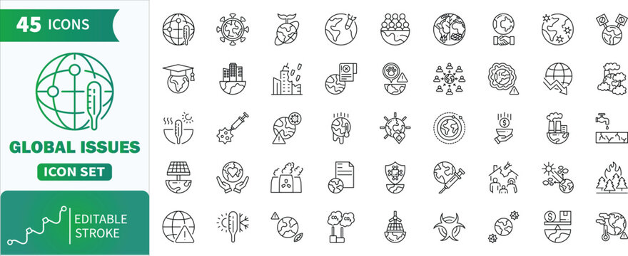 Global issues line icons set with editable stroke.Collection of outline icons representing various global issues and environmental problems