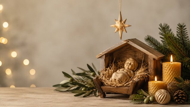 Wooden nativity scene with baby Jesus statue in crib under star decoration. Christmas setting with glowing candles and fir branch on table. Traditional religious holiday display, copy space