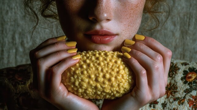 Close-up portrait of woman with freckled face holding textured yellow soap with matching nail polish and soft focus background