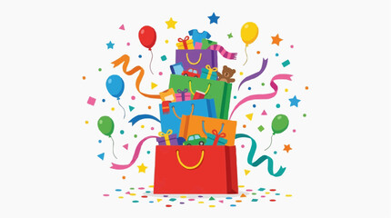 Fototapeta premium Birthday Surprise: A vibrant explosion of gift bags, balloons, and confetti bursts forth, celebrating a joyous birthday occasion.