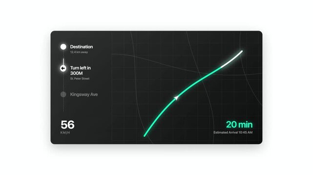 Dark mode navigation interface for vehicle dashboard systems showing route path and travel metrics