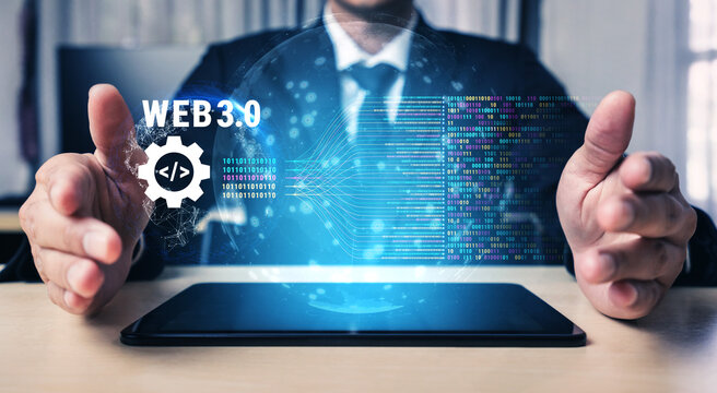 The concept of Web 3.0 development and decentralized data processing. The flow of binary code and information in the next generation internet. Motif