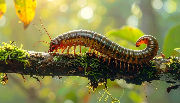 Close-up of a multi-legged invertebrate crawling on a moss-covered branch, lit by dappled sunlight against a blurred background