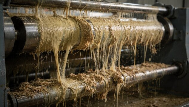 Medium shot of semiwet hemp bast fiber decortication with visibly damp fibers and machinery processing the softened plant material for enhanced fiber extraction.