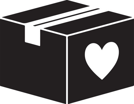 A black box with a heart symbol on the side is open on a white background.