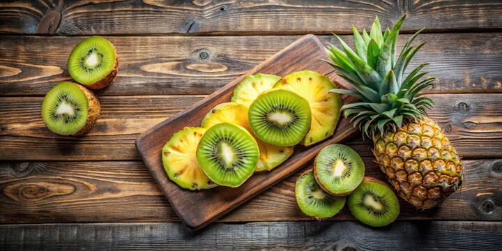 Wooden chopping board with slices of fresh pineapple and kiwi on a rustic wooden cutting board background
