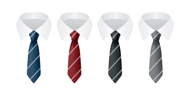 Vector Necktie Set with White Collar Shirts, Isolated. Blue, Red Black, Gray Classic Mens Business Tie Icons. Formal Office Dress Code Accessories for Suit, Fashion Design, Apparel Mockups