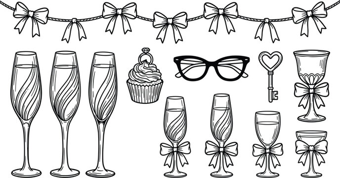 Set of wedding and celebration elements featuring champagne glasses, bows, cupcake, glasses, and decorative keys in line art.