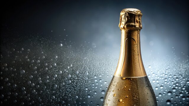 Chilled champagne bottle with droplets of condensed water on the outside