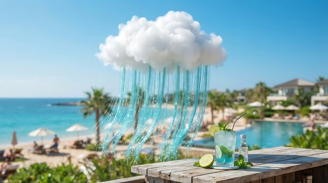 Surreal cloud raining blue liquid into a refreshing cocktail glass on a tropical beach resort.