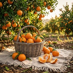 Fresh oranges in wicker basket on tree stump in sunlit orchard