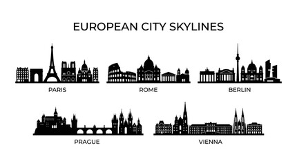 European City Skylines Silhouette Collection: Paris, Rome, Berlin, Prague, Vienna © hidayati