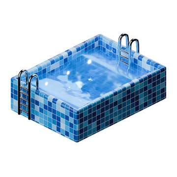 3d tiled isometric swimming pool with ladders, transparent background