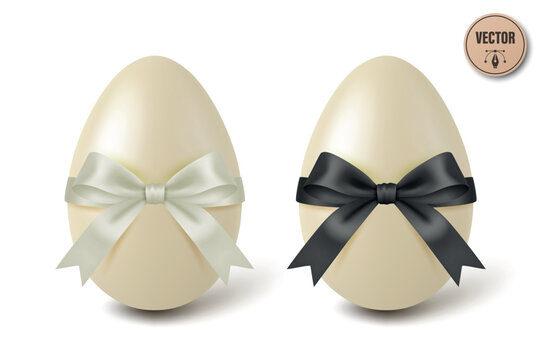 Vector 3d White Chocolate Easter Eggs with White and Black Satin Bows, Isolated. Sweet Holiday Gift Illustration. Festive Spring Dessert Decoration. Candy Surprise Concept