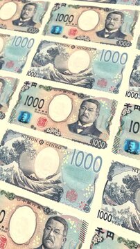 Vertical Japanese 1000 Yen Banknotes Floating Money Loop Background Finance Business Animation