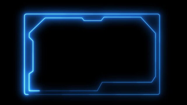 Futuristic glowing blue rectangle frame on black background motion graphic.