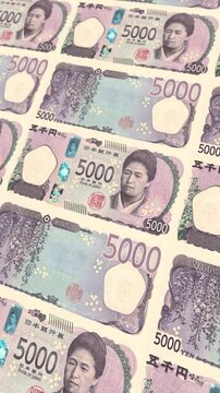 Vertical Japanese 5000 Yen Banknotes Floating Money Loop Background Business Finance Animation