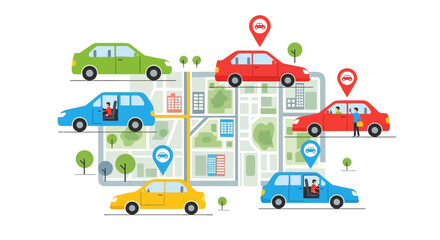 Fototapeta premium Concept of ride sharing and navigation services with colorful car icons moving along city street map routes for urban transportation logistics