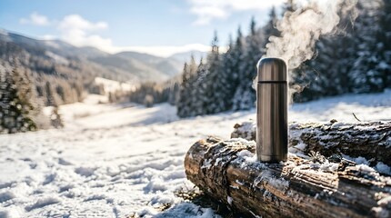 Fototapeta premium Steaming metal thermos on a log in a snowy mountain landscape in winter