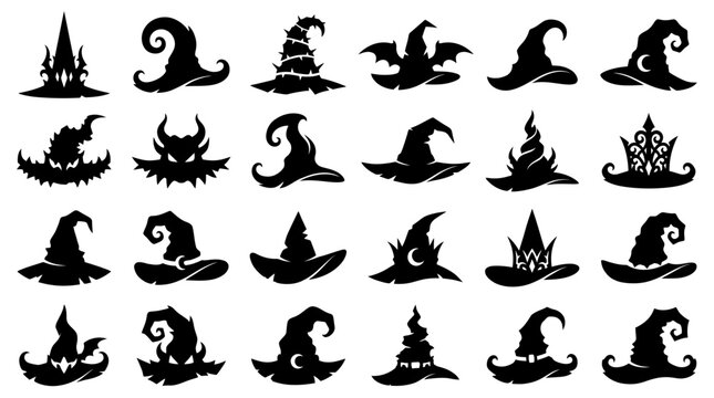 Black witch hats with fantasy and spooky designs in a flat style illustration