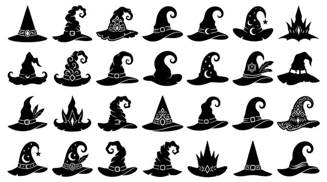Black and white witch hats and cauldron icons set with decorative patterns
