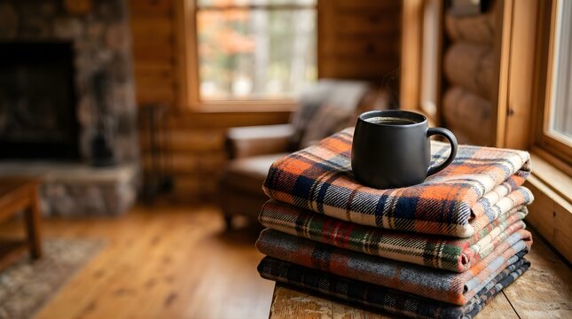 Steaming mug of coffee on a stack of cozy plaid blankets in a cabin