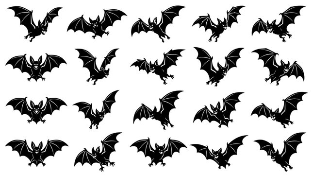 Black bat silhouettes flying in different poses and angles
