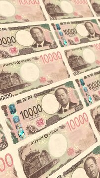 Vertical Flying Japanese 10000 Yen Banknotes Seamless Money Loop Background Financial Motion