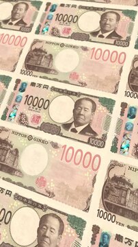 Vertical Japanese 10000 Yen Banknotes Floating Money Loop Background Finance Business Animation